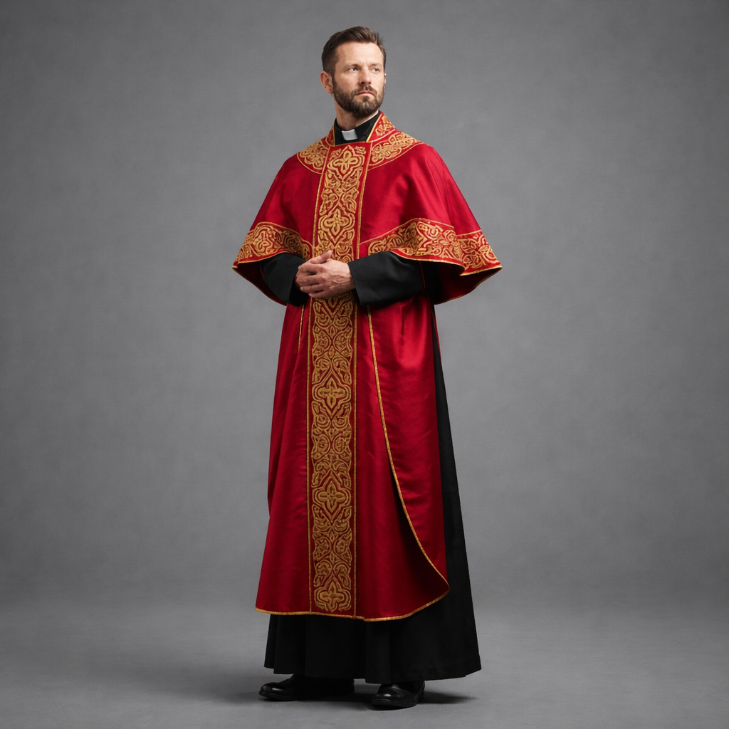 Embroidered Catholic Priest Chasuble - Gold Cream Vestment with Burgundy Orphrey