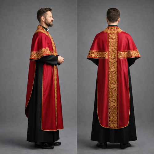 Embroidered Catholic Priest Chasuble - Gold Cream Vestment with Burgundy Orphrey