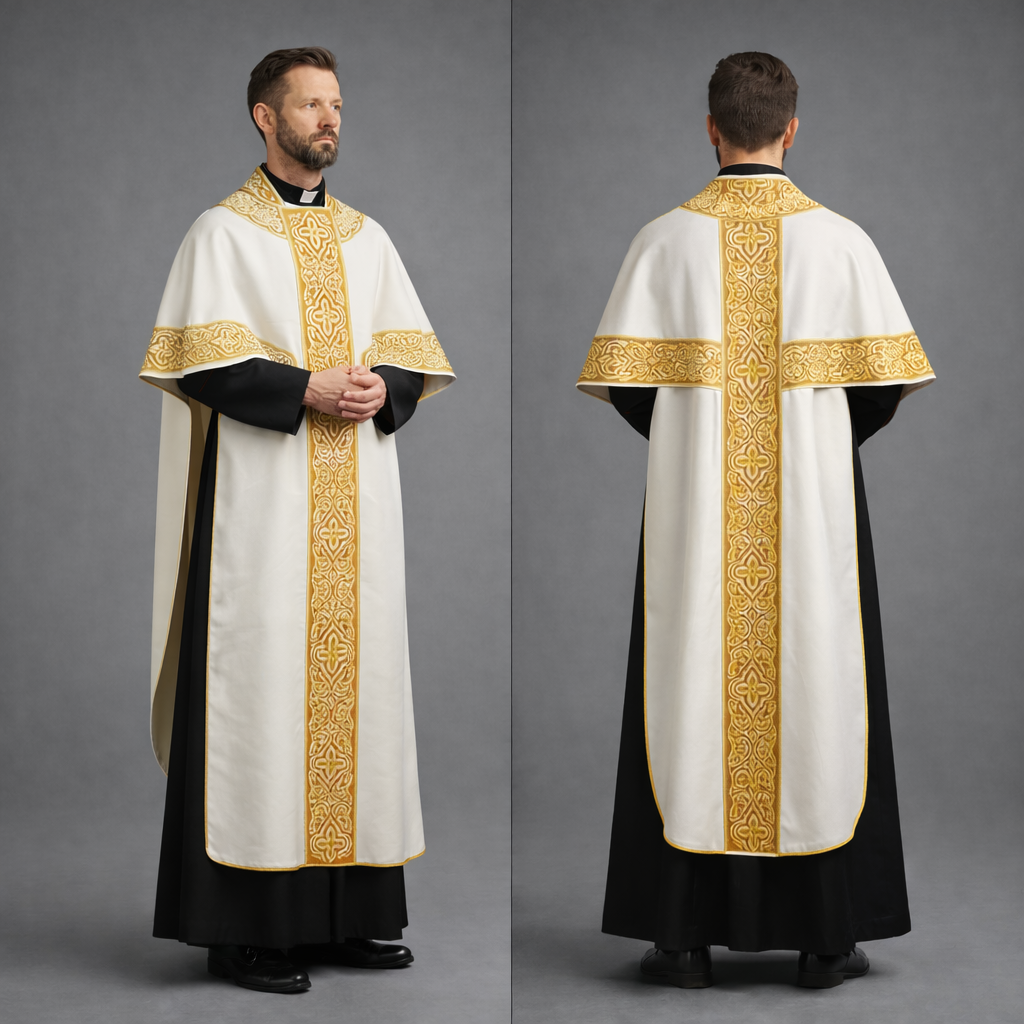 Embroidered Catholic Priest Chasuble - Gold Cream Vestment with Burgundy Orphrey