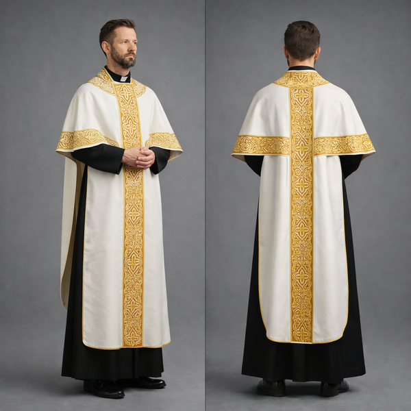 Embroidered Catholic Priest Chasuble - Gold Cream Vestment with Burgundy Orphrey