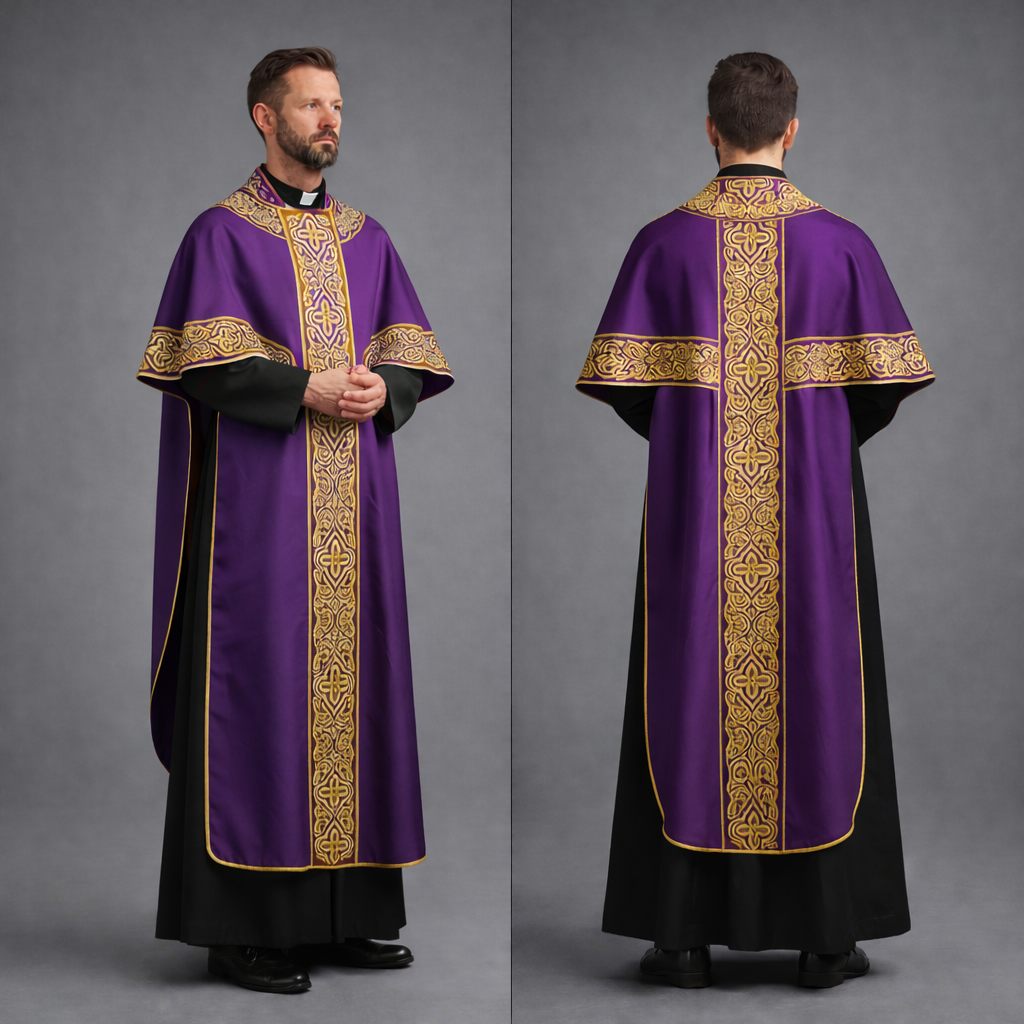Embroidered Catholic Priest Chasuble - Gold Cream Vestment with Burgundy Orphrey