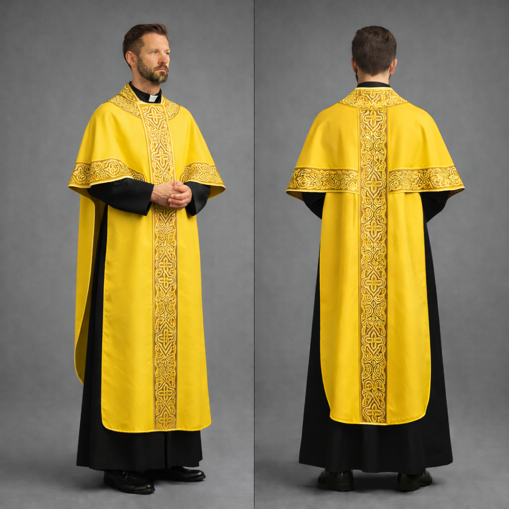 Embroidered Catholic Priest Chasuble - Gold Cream Vestment with Burgundy Orphrey